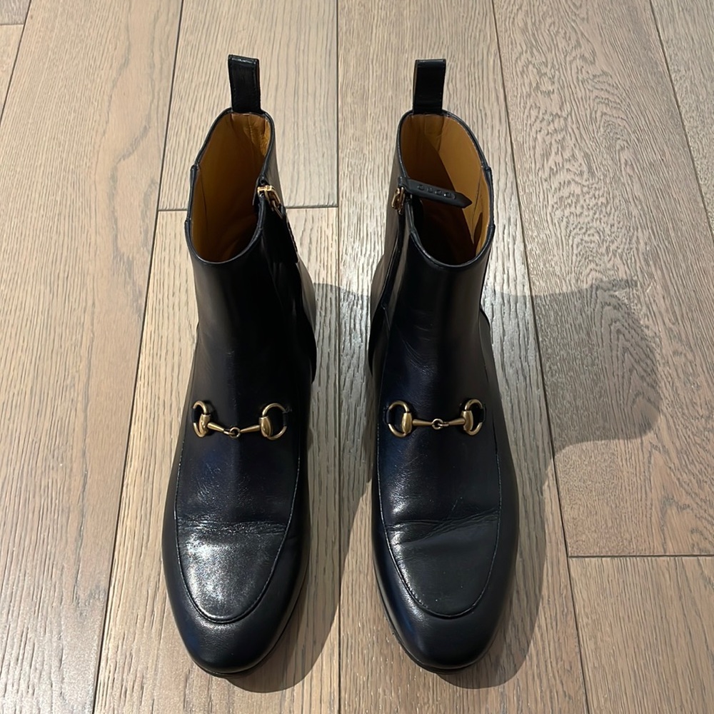 Gucci New Jordaan Black Leather Horsebit Short Chelsea Ankle Bootie 36.5